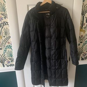 The North Face Women S 550 Down Puffer long Dress Black Jacket Removable Hood